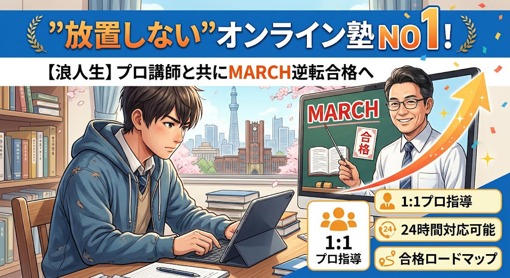 【浪人生】"放置しない"オンライン塾NO1！プロ講師と共にMARCH逆転合格へ