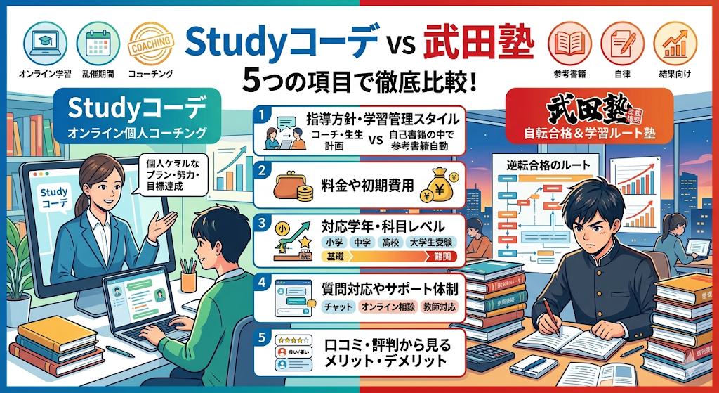 Studyコーデと武田塾を5つの項目で徹底比較!